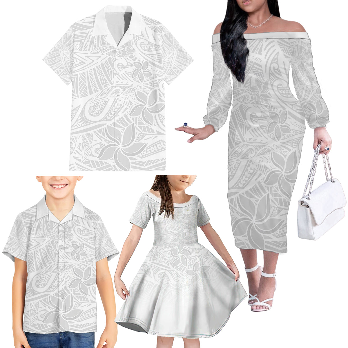Polynesia White Sunday Family Matching Off Shoulder Long Sleeve Dress and Hawaiian Shirt Polynesian Pattern With Tropical Flowers LT14 - Polynesian Pride