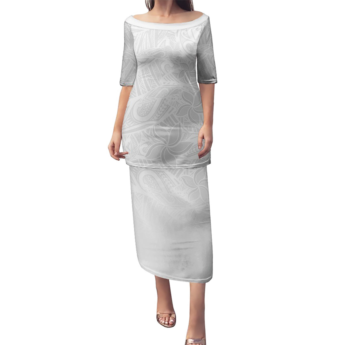 Polynesia White Sunday Puletasi Polynesian Pattern With Tropical Flowers LT14 Long Dress White - Polynesian Pride