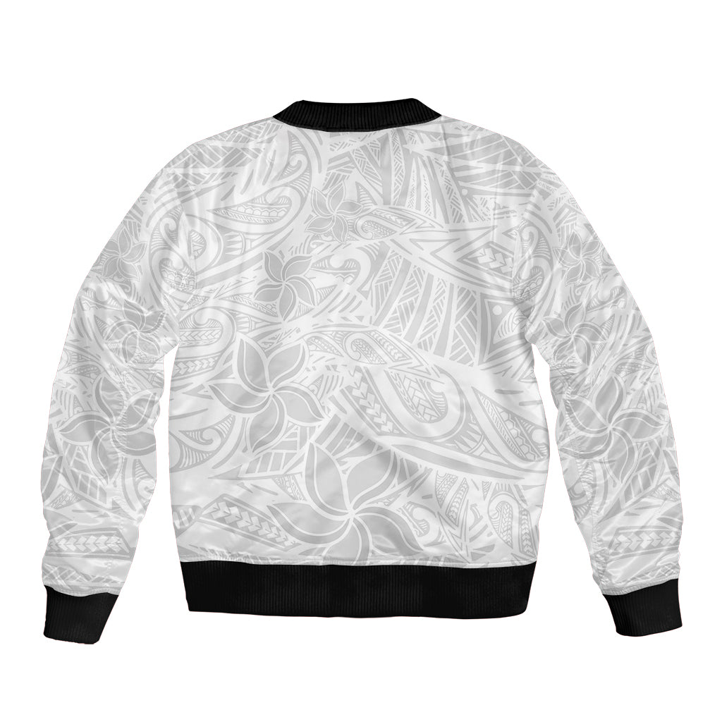 Polynesia White Sunday Sleeve Zip Bomber Jacket Polynesian Pattern With Tropical Flowers LT14 - Polynesian Pride