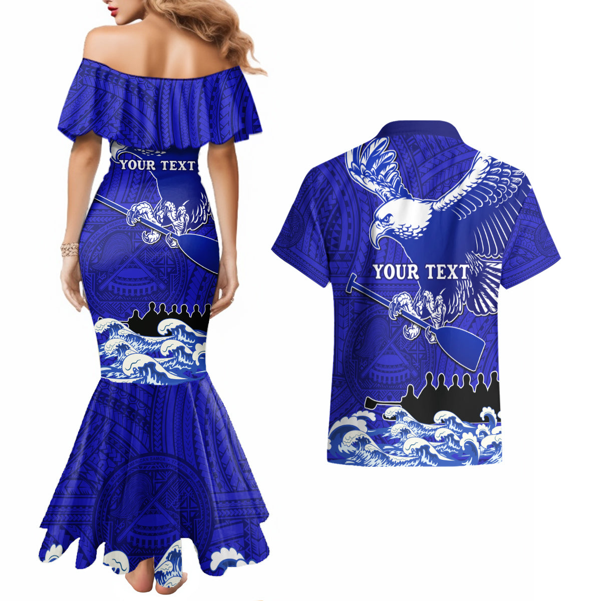 Personalised American Samoa Fautasi Race Couples Matching Mermaid Dress and Hawaiian Shirt Eagle With Polynesian Pattern LT14 - Polynesian Pride