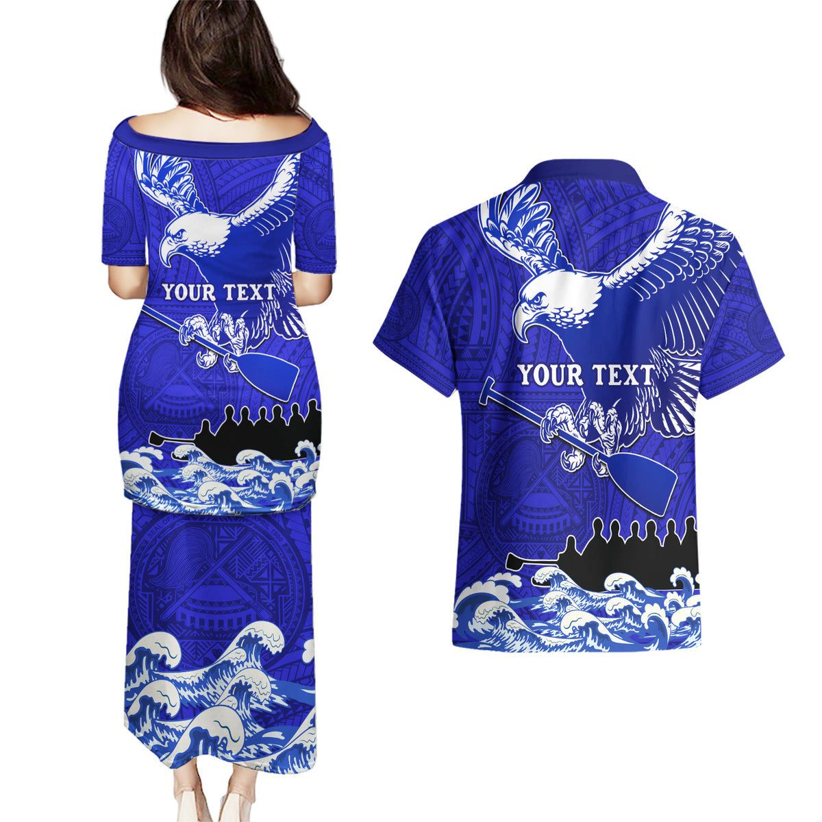 Personalised American Samoa Fautasi Race Couples Matching Puletasi Dress and Hawaiian Shirt Eagle With Polynesian Pattern LT14 - Polynesian Pride