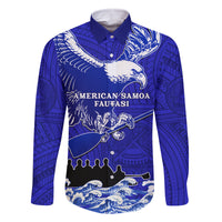 Personalised American Samoa Fautasi Race Family Matching Off Shoulder Short Dress and Hawaiian Shirt Eagle With Polynesian Pattern LT14 Dad's Shirt - Long Sleeve Blue - Polynesian Pride