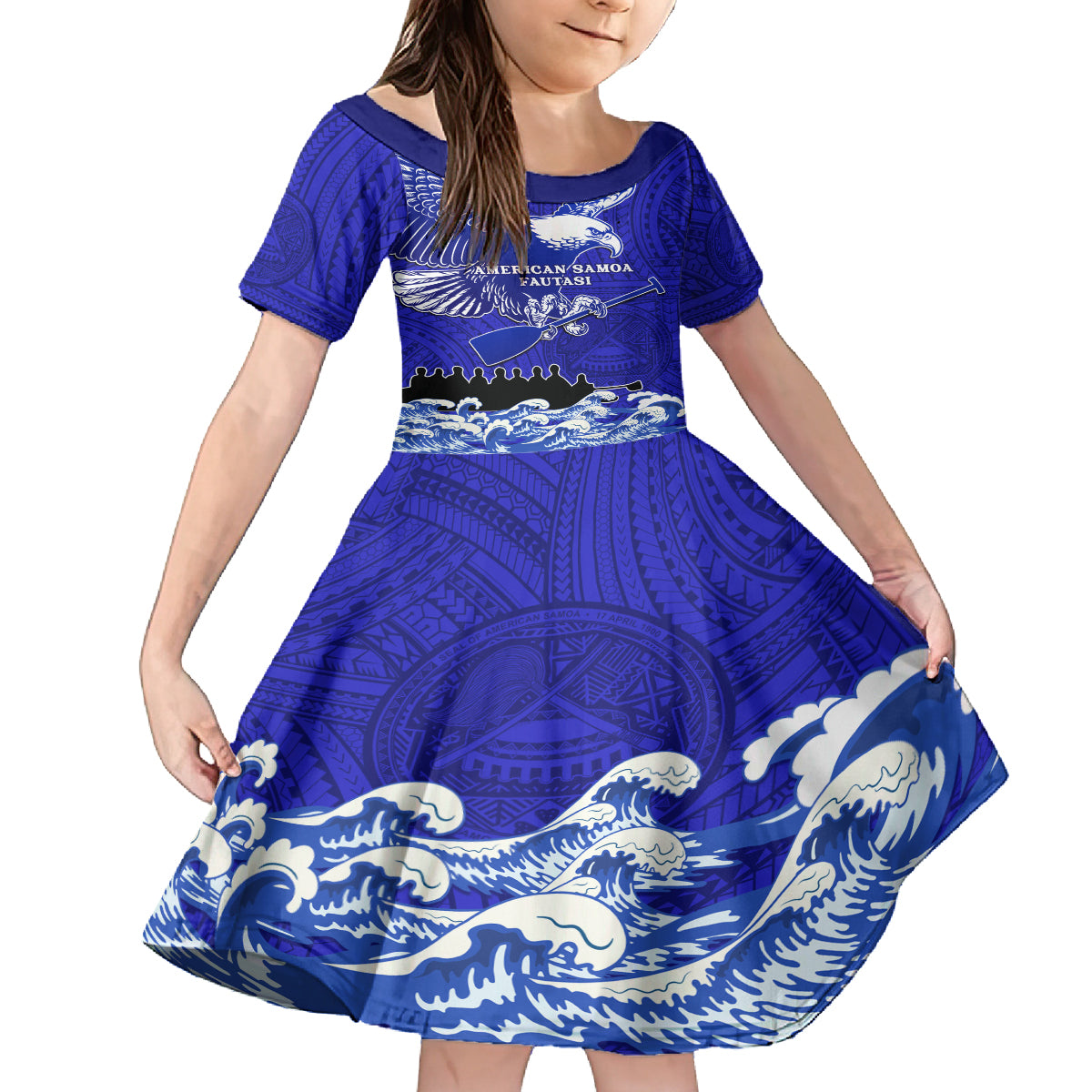 Personalised American Samoa Fautasi Race Family Matching Puletasi Dress and Hawaiian Shirt Eagle With Polynesian Pattern LT14 Daughter's Dress Blue - Polynesian Pride