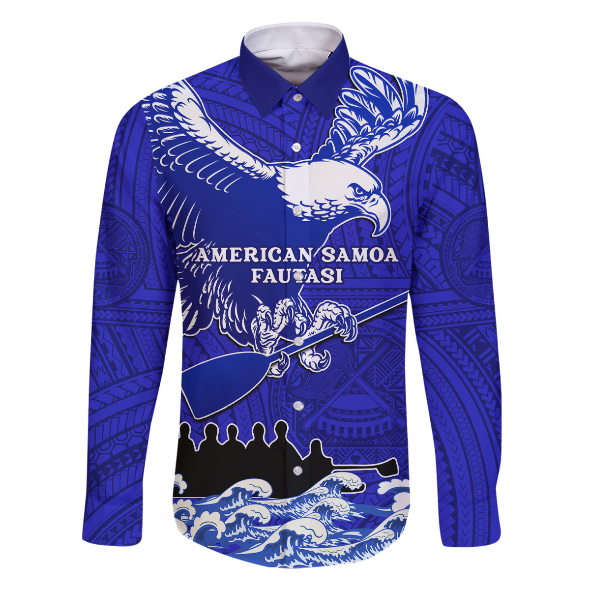 Personalised American Samoa Fautasi Race Family Matching Summer Maxi Dress and Hawaiian Shirt Eagle With Polynesian Pattern LT14 Dad's Shirt - Long Sleeve Blue - Polynesian Pride