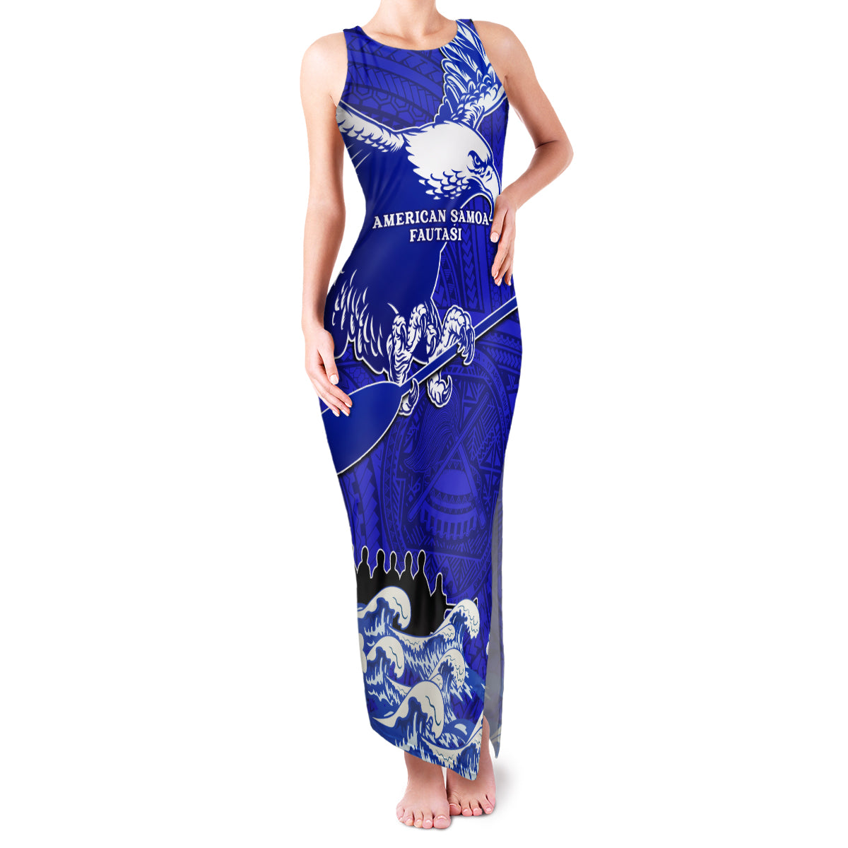 Personalised American Samoa Fautasi Race Family Matching Tank Maxi Dress and Hawaiian Shirt Eagle With Polynesian Pattern LT14 Mom's Dress Blue - Polynesian Pride