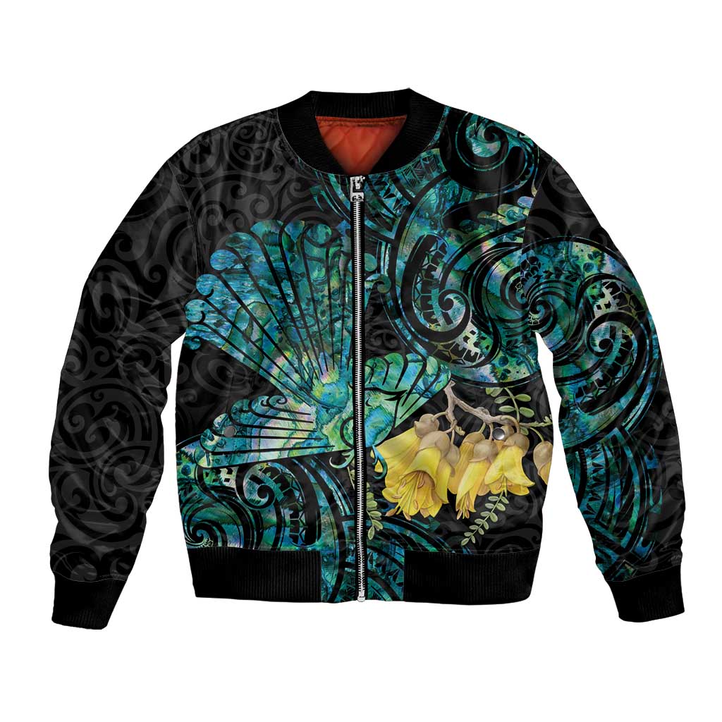 New Zealand Fantail Bird Bomber Jacket Maori Piwakawaka Kowhai - Paua Shell Pattern LT14 Unisex Green - Polynesian Pride