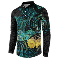 New Zealand Fantail Bird Button Sweatshirt Maori Piwakawaka Kowhai - Paua Shell Pattern