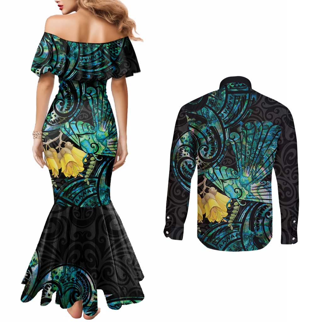 New Zealand Fantail Bird Couples Matching Mermaid Dress and Long Sleeve Button Shirt Maori Piwakawaka Kowhai - Paua Shell Pattern