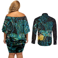 New Zealand Fantail Bird Couples Matching Off Shoulder Short Dress and Long Sleeve Button Shirt Maori Piwakawaka Kowhai - Paua Shell Pattern