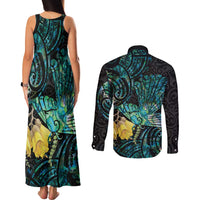 New Zealand Fantail Bird Couples Matching Tank Maxi Dress and Long Sleeve Button Shirt Maori Piwakawaka Kowhai - Paua Shell Pattern