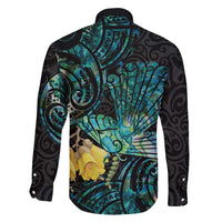 New Zealand Fantail Bird Family Matching Off Shoulder Maxi Dress and Hawaiian Shirt Maori Piwakawaka Kowhai - Paua Shell Pattern