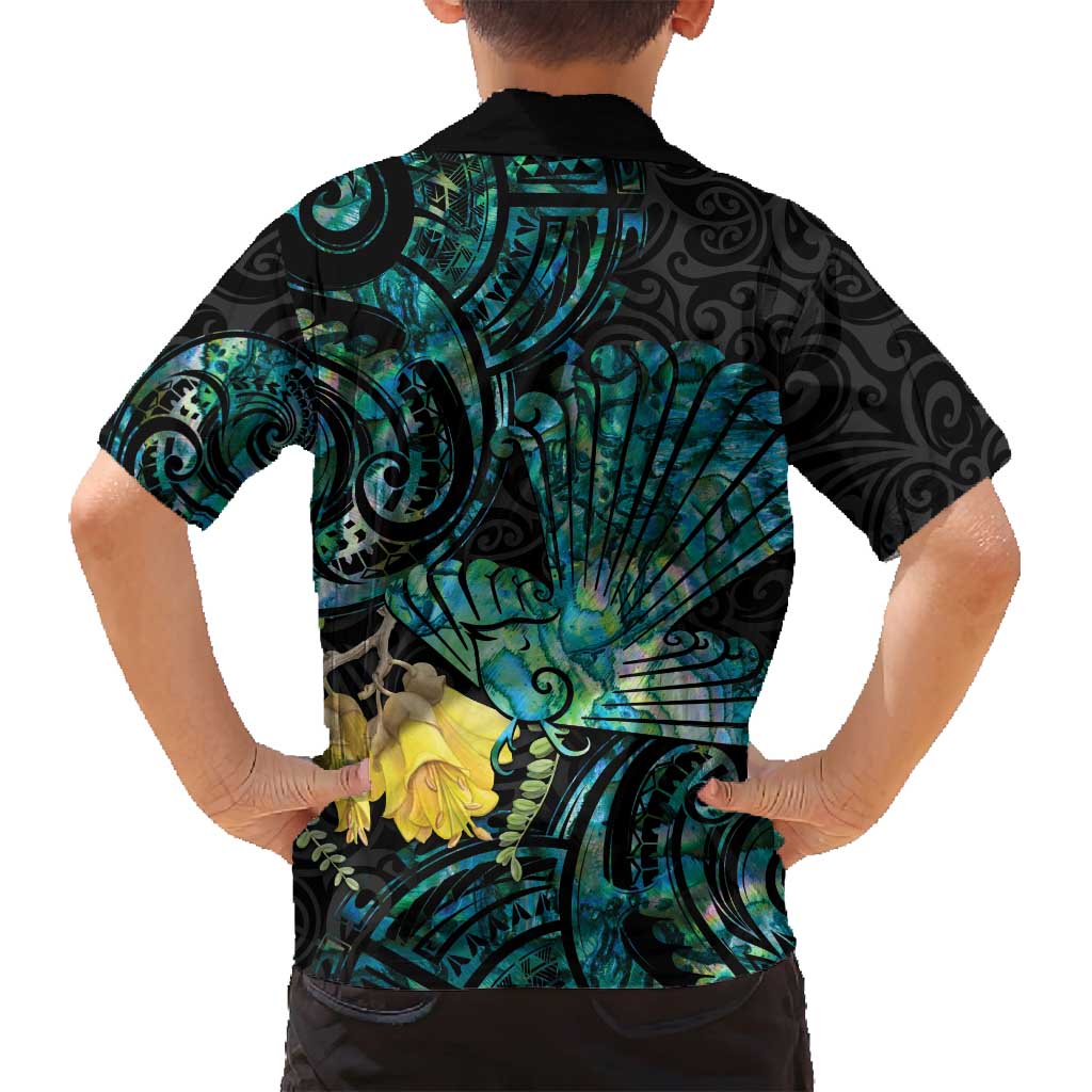 New Zealand Fantail Bird Family Matching Tank Maxi Dress and Hawaiian Shirt Maori Piwakawaka Kowhai - Paua Shell Pattern LT14 - Polynesian Pride