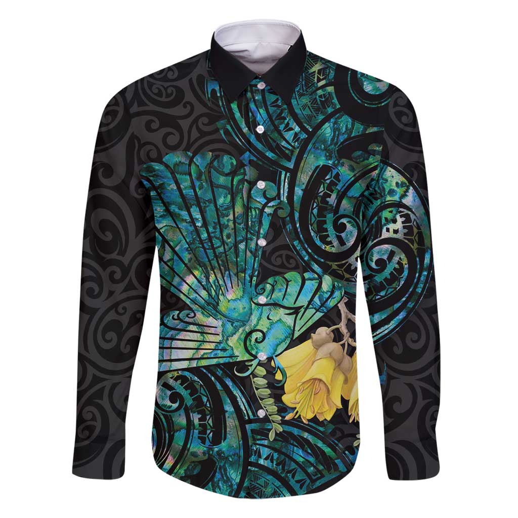 New Zealand Fantail Bird Family Matching Tank Maxi Dress and Hawaiian Shirt Maori Piwakawaka Kowhai - Paua Shell Pattern LT14 Dad's Shirt - Long Sleeve Green - Polynesian Pride