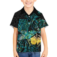 New Zealand Fantail Bird Family Matching Tank Maxi Dress and Hawaiian Shirt Maori Piwakawaka Kowhai - Paua Shell Pattern LT14 Son's Shirt Green - Polynesian Pride