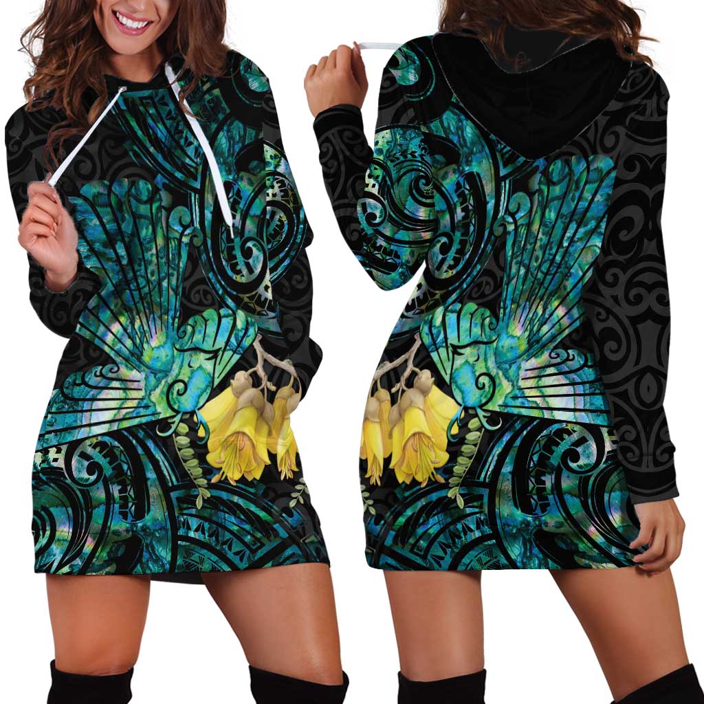 New Zealand Fantail Bird Hoodie Dress Maori Piwakawaka Kowhai - Paua Shell Pattern