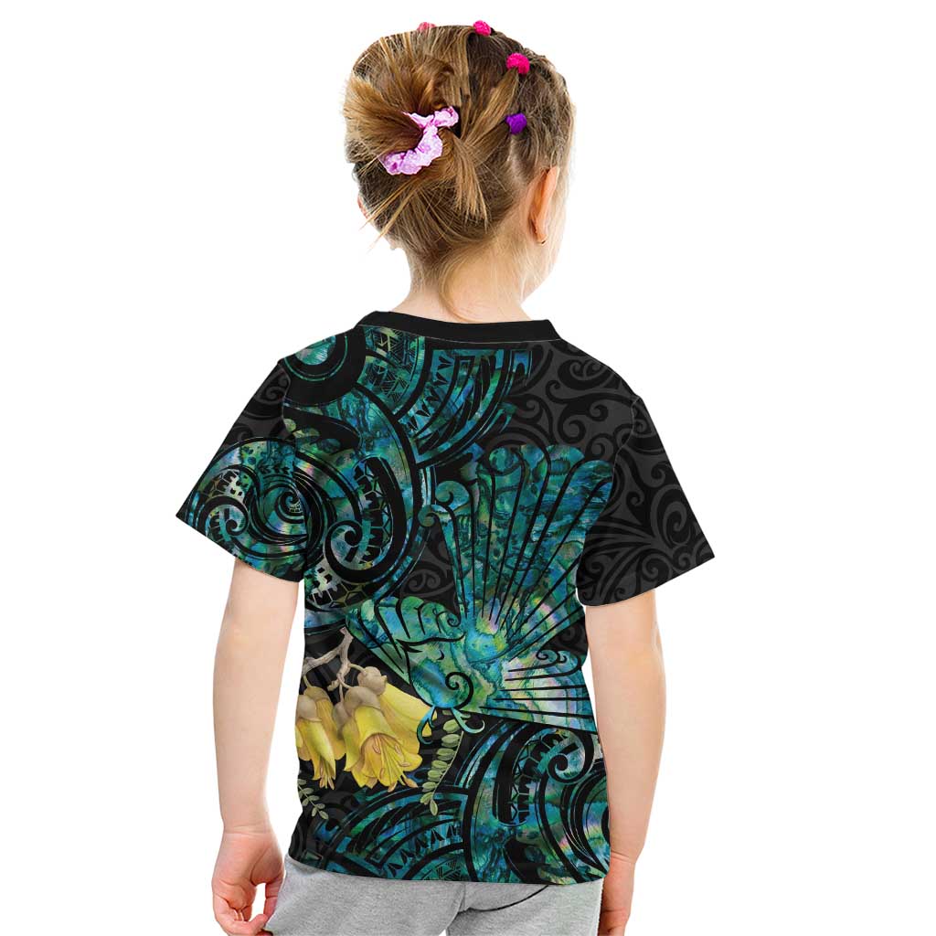 New Zealand Fantail Bird Kid T Shirt Maori Piwakawaka Kowhai - Paua Shell Pattern