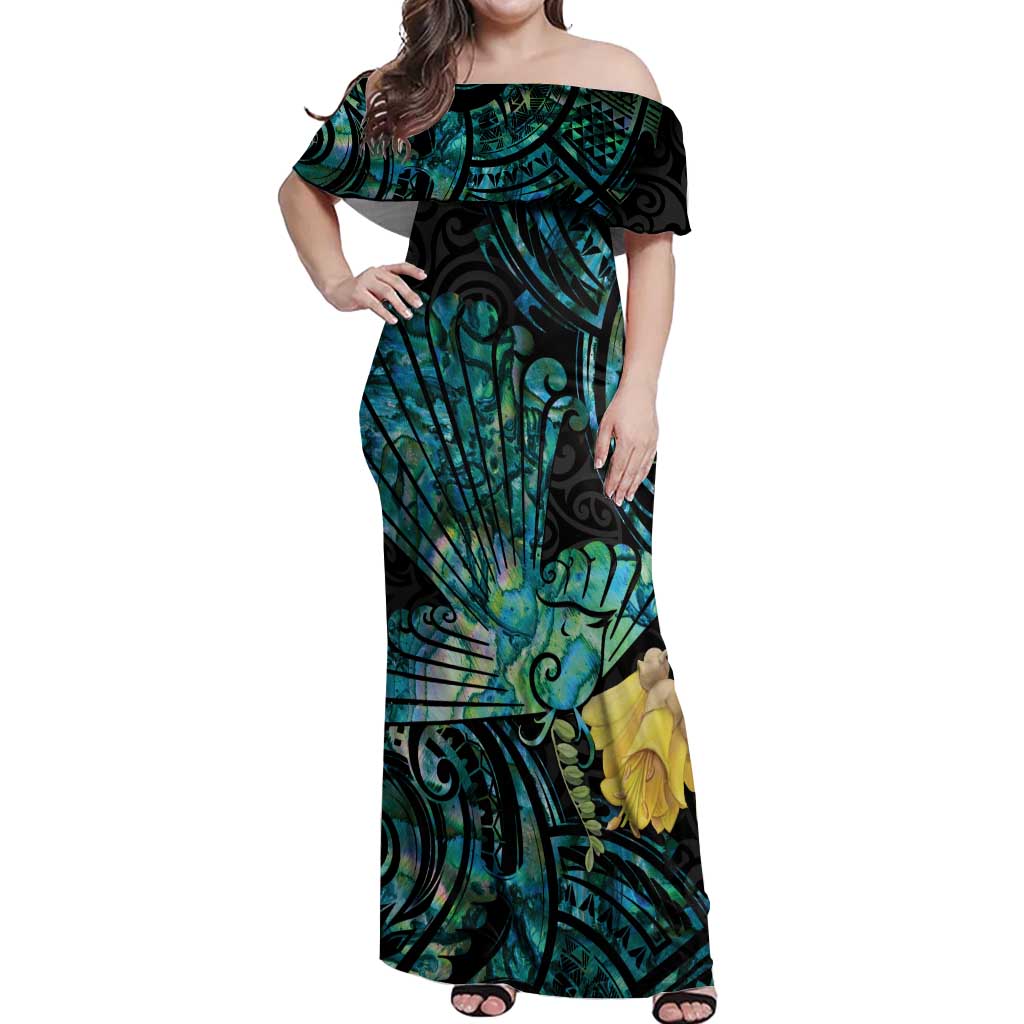 New Zealand Fantail Bird Off Shoulder Maxi Dress Maori Piwakawaka Kowhai - Paua Shell Pattern