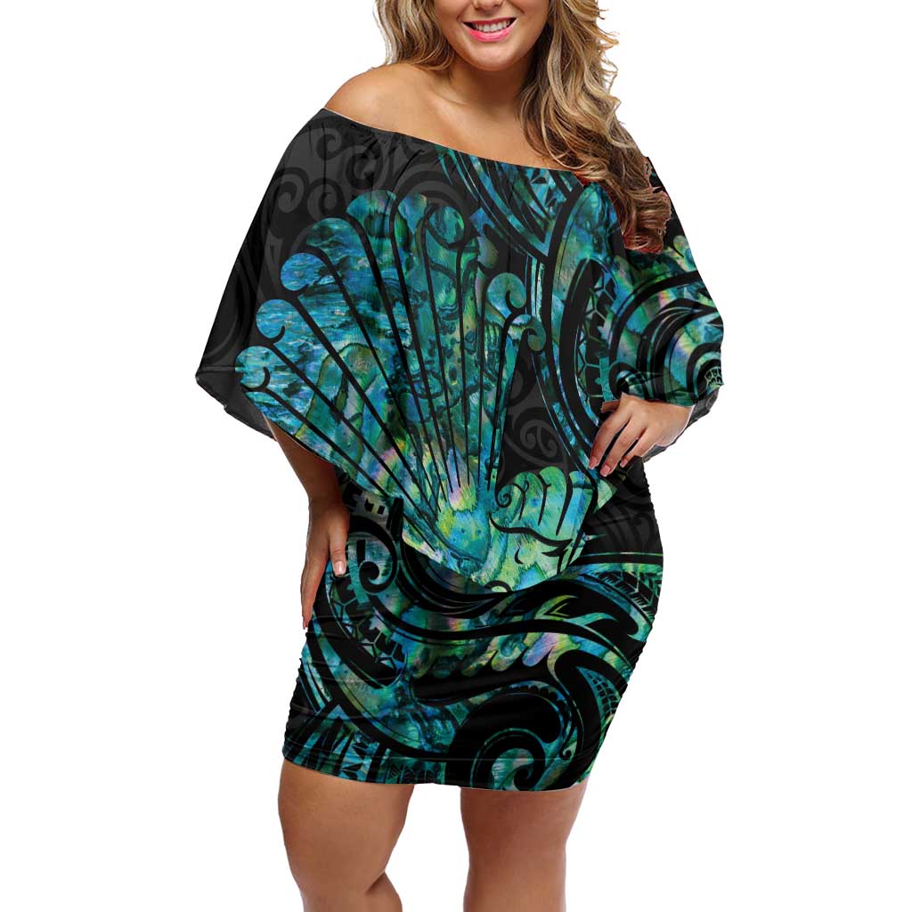 New Zealand Fantail Bird Off Shoulder Short Dress Maori Piwakawaka Kowhai - Paua Shell Pattern LT14 Women Green - Polynesian Pride
