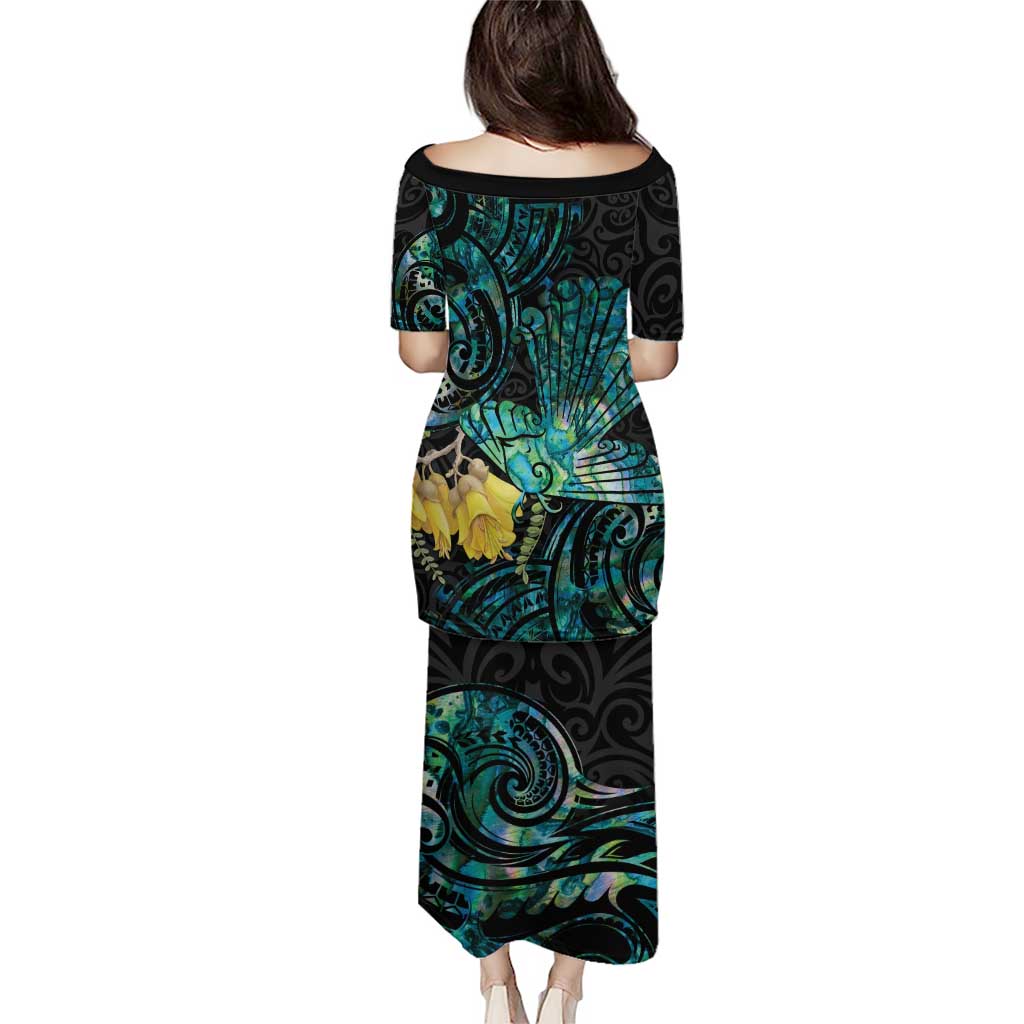 New Zealand Fantail Bird Puletasi Maori Piwakawaka Kowhai - Paua Shell Pattern