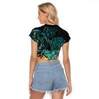 New Zealand Fantail Bird Raglan Cropped T Shirt Maori Piwakawaka Kowhai - Paua Shell Pattern