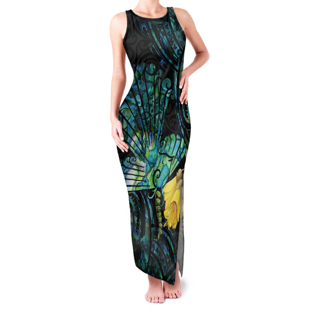 New Zealand Fantail Bird Tank Maxi Dress Maori Piwakawaka Kowhai - Paua Shell Pattern LT14 Women Green - Polynesian Pride