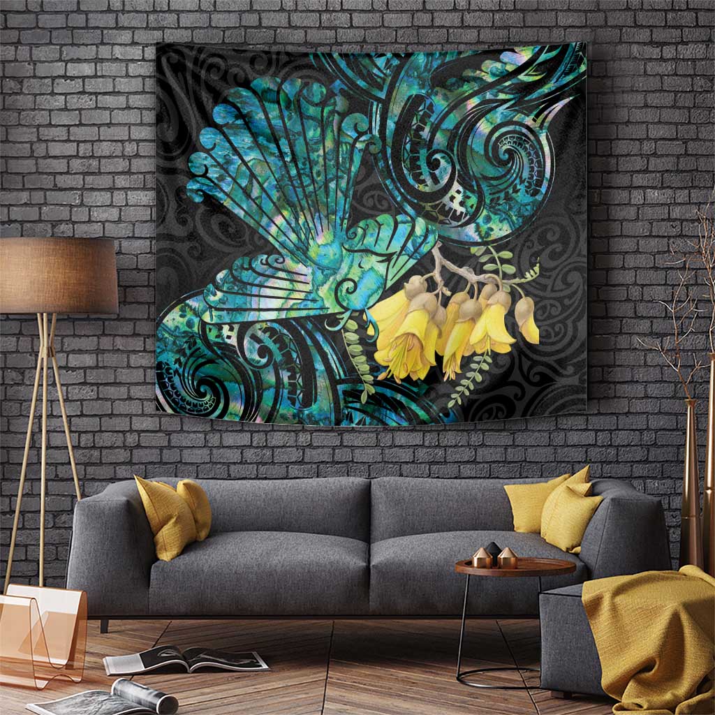 New Zealand Fantail Bird Tapestry Maori Piwakawaka Kowhai - Paua Shell Pattern