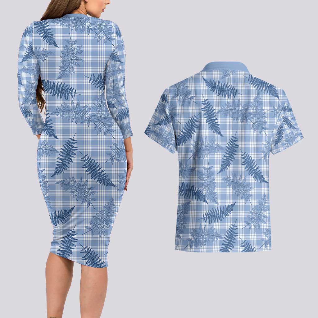 Blue Palaka Hawaii Palapalai Couples Matching Long Sleeve Bodycon Dress and Hawaiian Shirt Hawaiian Fern - Polynesian Pride