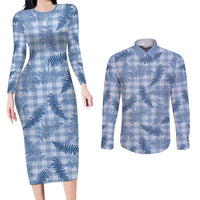 Blue Palaka Hawaii Palapalai Couples Matching Long Sleeve Bodycon Dress and Long Sleeve Button Shirt Hawaiian Fern - Polynesian Pride