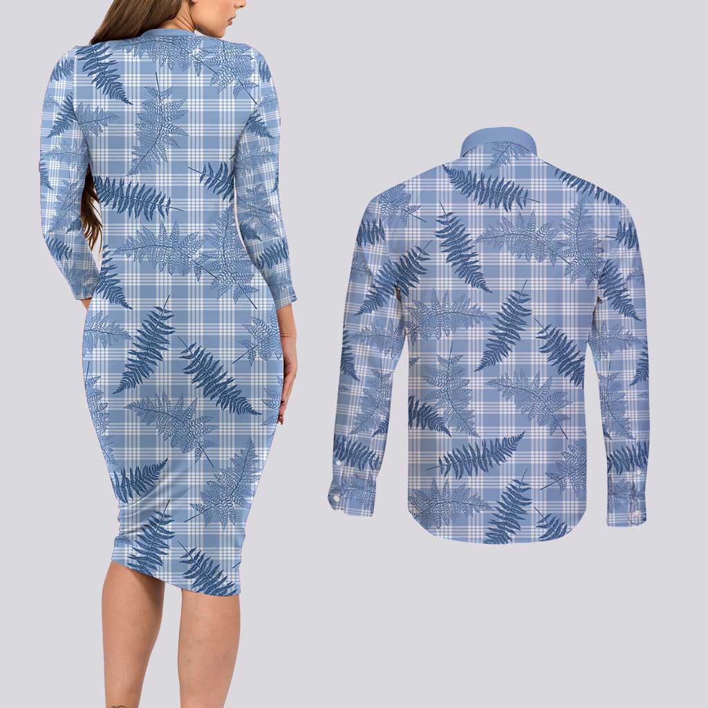 Blue Palaka Hawaii Palapalai Couples Matching Long Sleeve Bodycon Dress and Long Sleeve Button Shirt Hawaiian Fern - Polynesian Pride