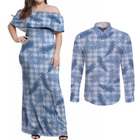 Blue Palaka Hawaii Palapalai Couples Matching Off Shoulder Maxi Dress and Long Sleeve Button Shirt Hawaiian Fern - Polynesian Pride
