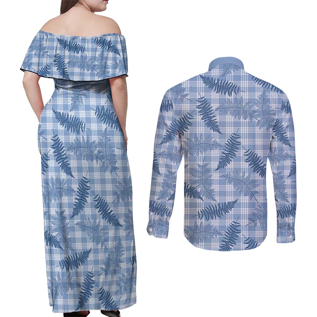 Blue Palaka Hawaii Palapalai Couples Matching Off Shoulder Maxi Dress and Long Sleeve Button Shirt Hawaiian Fern - Polynesian Pride