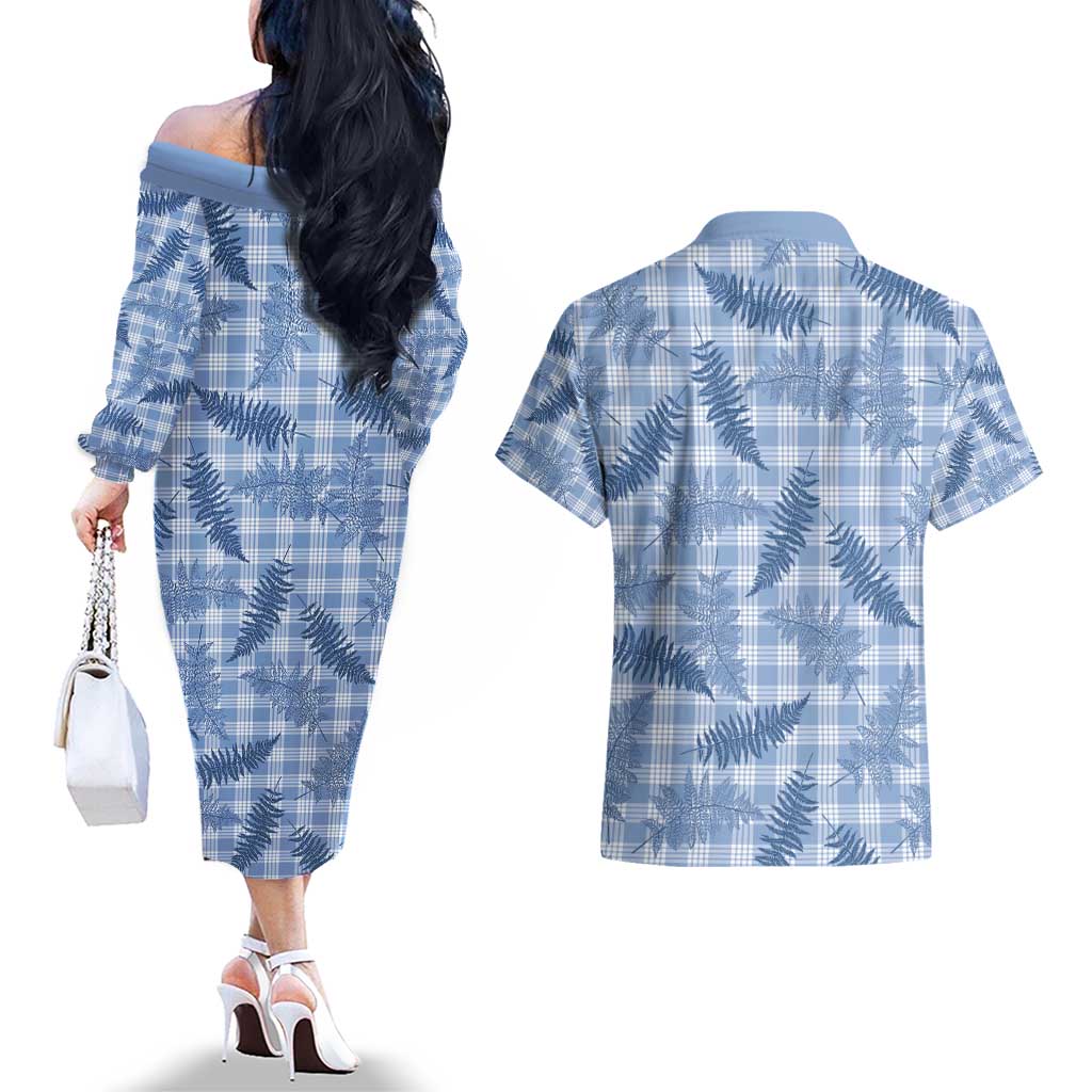 Blue Palaka Hawaii Palapalai Couples Matching Off The Shoulder Long Sleeve Dress and Hawaiian Shirt Hawaiian Fern - Polynesian Pride