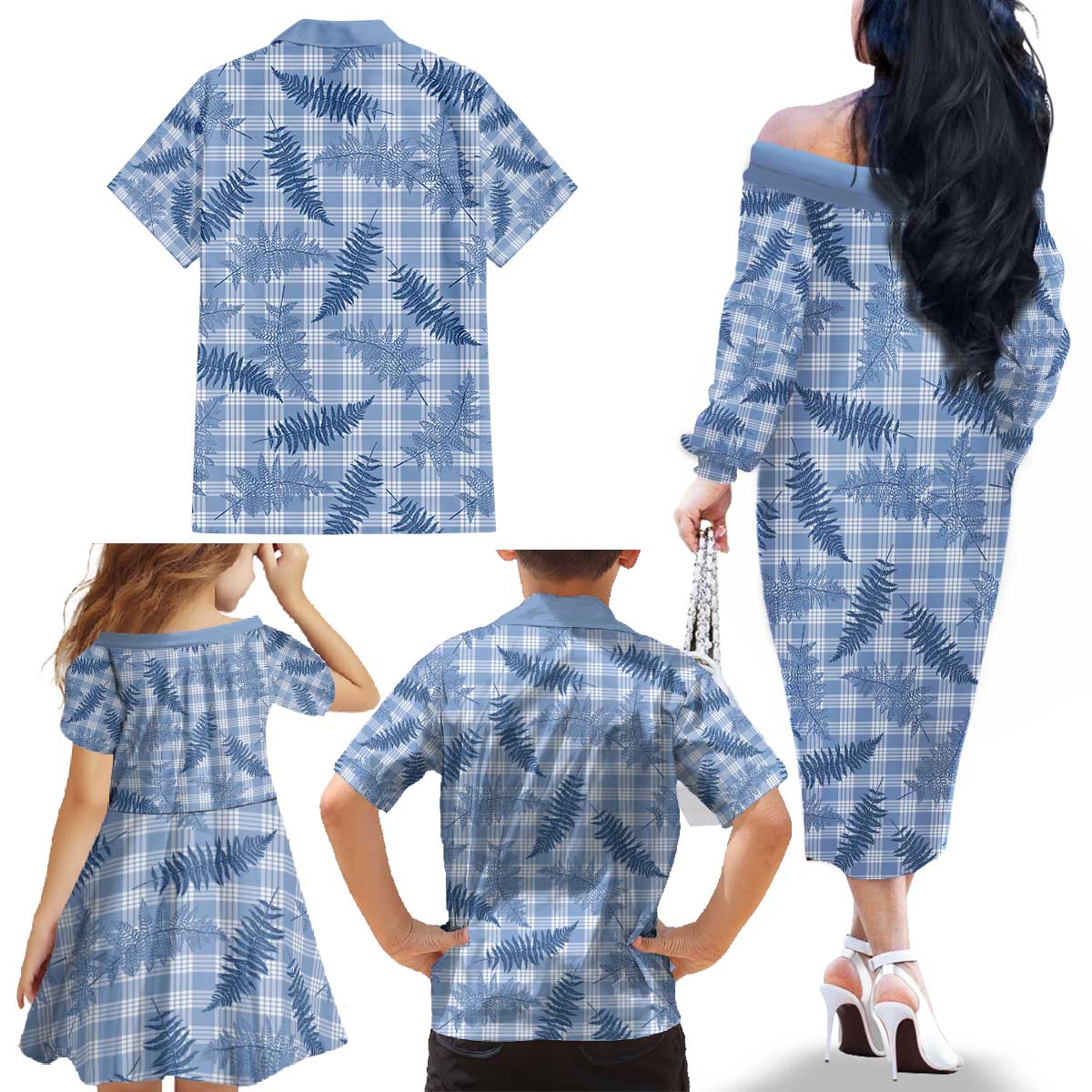 Blue Palaka Hawaii Palapalai Family Matching Off The Shoulder Long Sleeve Dress and Hawaiian Shirt Hawaiian Fern - Polynesian Pride