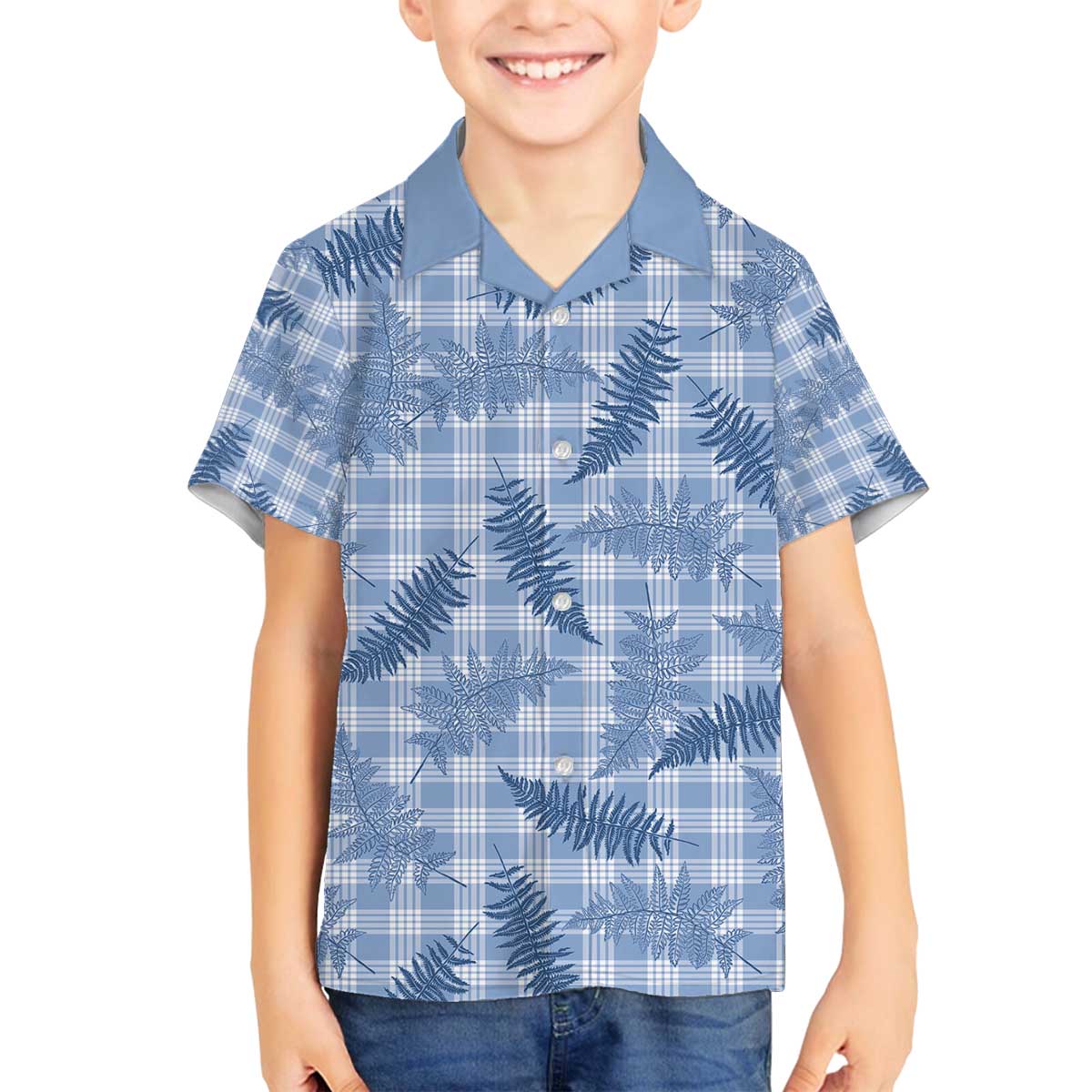 Blue Palaka Hawaii Palapalai Family Matching Off The Shoulder Long Sleeve Dress and Hawaiian Shirt Hawaiian Fern - Polynesian Pride