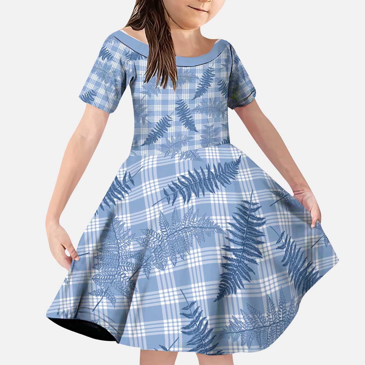 Blue Palaka Hawaii Palapalai Kid Short Sleeve Dress Hawaiian Fern - Polynesian Pride