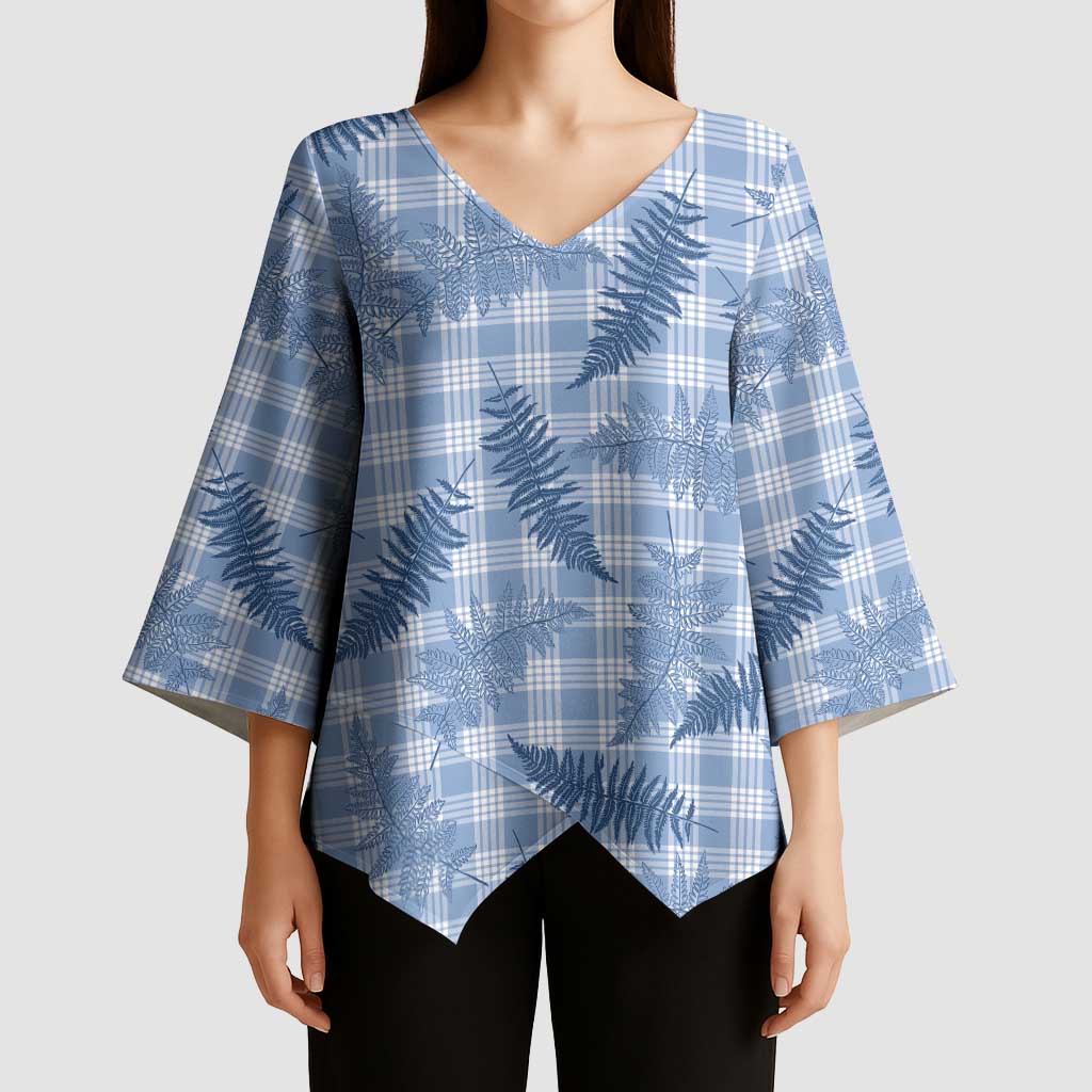 Blue Palaka Hawaii Palapalai Kimono Sleeve Blouse Hawaiian Fern - Polynesian Pride
