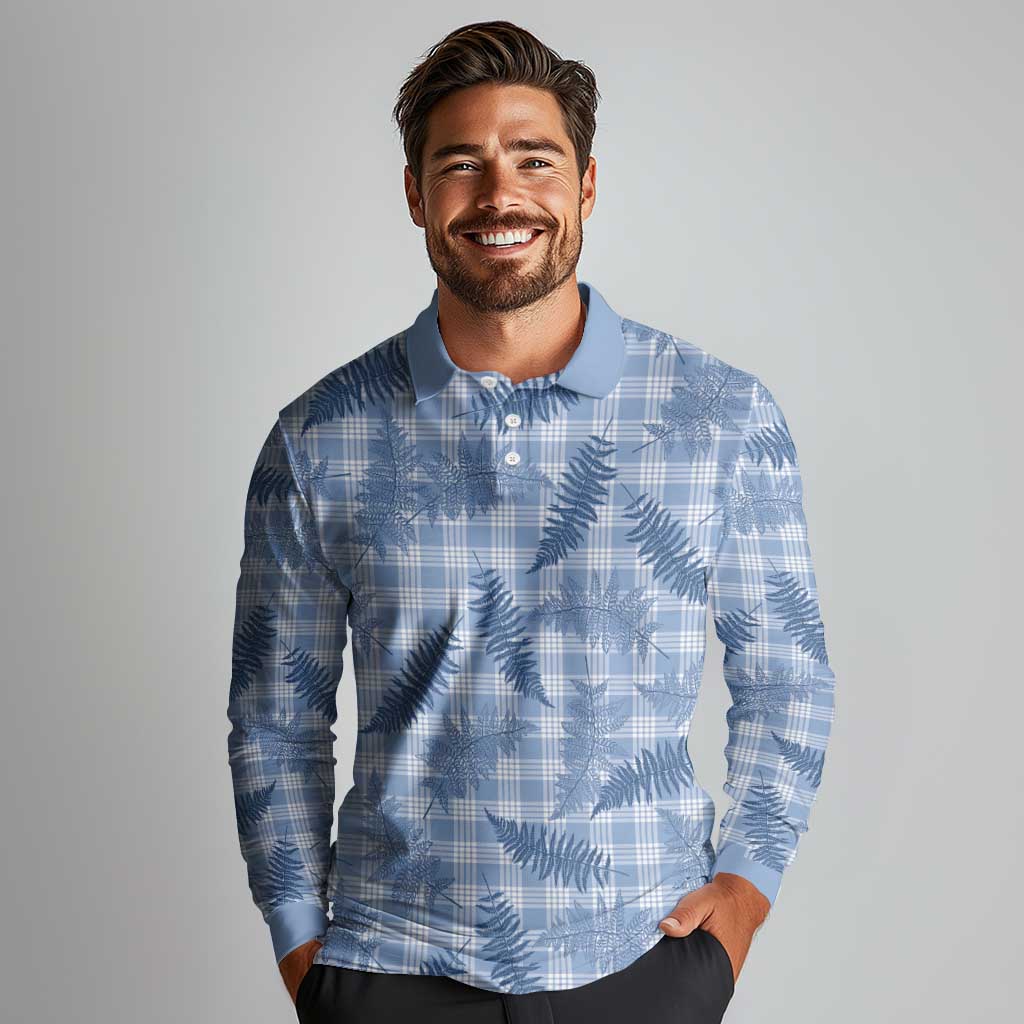 Blue Palaka Hawaii Palapalai Long Sleeve Polo Shirt Hawaiian Fern - Polynesian Pride