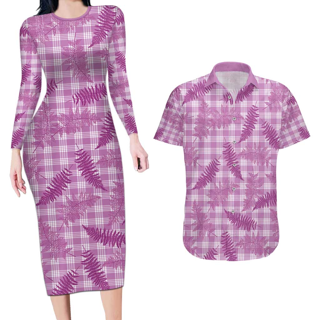 Pink Palaka Hawaii Palapalai Couples Matching Long Sleeve Bodycon Dress and Hawaiian Shirt Hawaiian Fern - Polynesian Pride