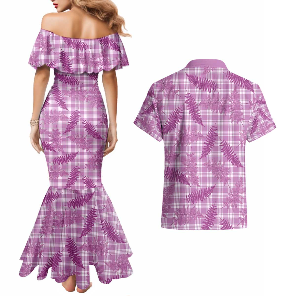 Pink Palaka Hawaii Palapalai Couples Matching Mermaid Dress and Hawaiian Shirt Hawaiian Fern - Polynesian Pride