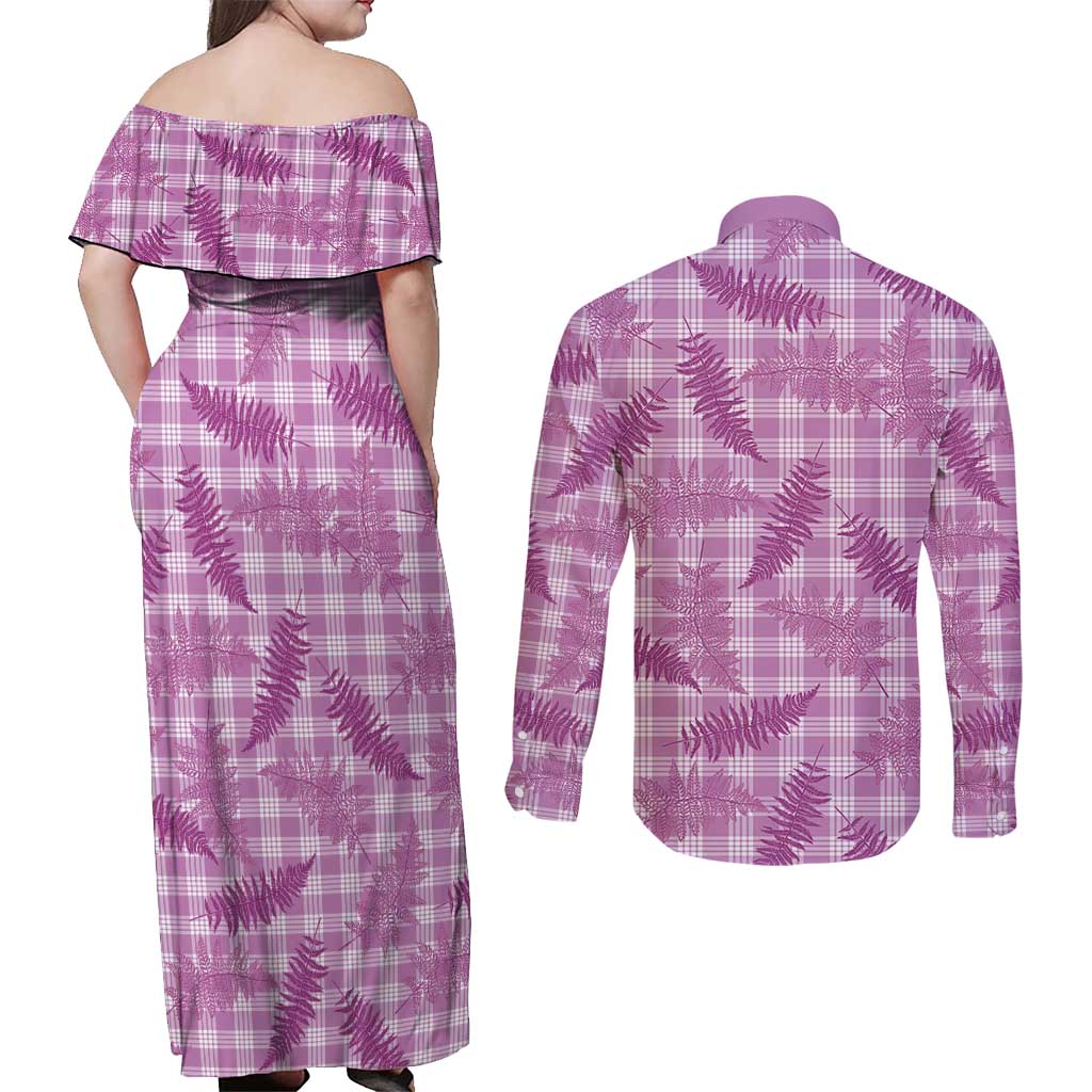 Pink Palaka Hawaii Palapalai Couples Matching Off Shoulder Maxi Dress and Long Sleeve Button Shirt Hawaiian Fern - Polynesian Pride