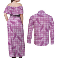 Pink Palaka Hawaii Palapalai Couples Matching Off Shoulder Maxi Dress and Long Sleeve Button Shirt Hawaiian Fern - Polynesian Pride
