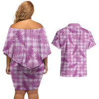 Pink Palaka Hawaii Palapalai Couples Matching Off Shoulder Short Dress and Hawaiian Shirt Hawaiian Fern - Polynesian Pride