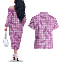 Pink Palaka Hawaii Palapalai Couples Matching Off The Shoulder Long Sleeve Dress and Hawaiian Shirt Hawaiian Fern - Polynesian Pride