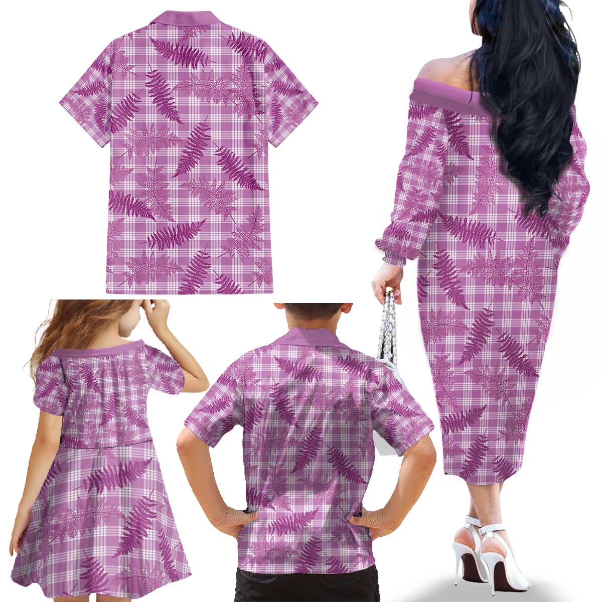 Pink Palaka Hawaii Palapalai Family Matching Off The Shoulder Long Sleeve Dress and Hawaiian Shirt Hawaiian Fern - Polynesian Pride