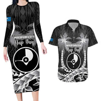 FSM Yap Day Couples Matching Long Sleeve Bodycon Dress and Hawaiian Shirt 2025 Wa'ab Micronesia Black Color