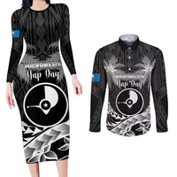 FSM Yap Day Couples Matching Long Sleeve Bodycon Dress and Long Sleeve Button Shirt 2025 Wa'ab Micronesia Black Color
