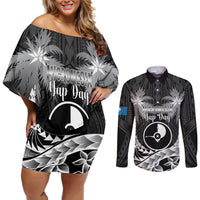 FSM Yap Day Couples Matching Off Shoulder Short Dress and Long Sleeve Button Shirt 2025 Wa'ab Micronesia Black Color