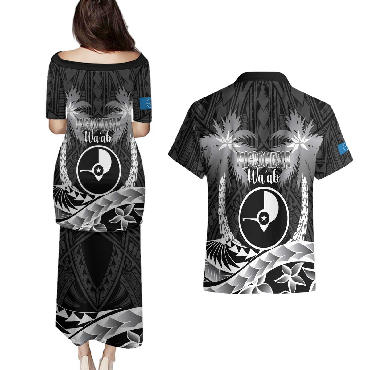 FSM Yap Day Couples Matching Puletasi and Hawaiian Shirt 2025 Wa'ab Micronesia Black Color