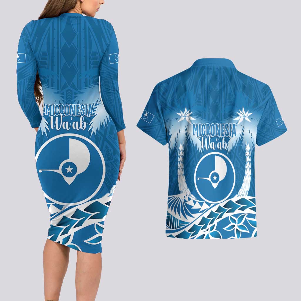 FSM Yap Day Couples Matching Long Sleeve Bodycon Dress and Hawaiian Shirt 2025 Wa'ab Micronesia Flag Color