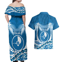 FSM Yap Day Couples Matching Off Shoulder Maxi Dress and Hawaiian Shirt 2025 Wa'ab Micronesia Flag Color